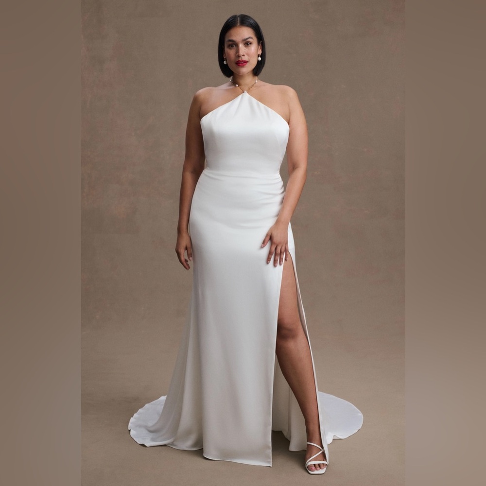 Jenny Yoo Pearl Satin Fit & Flare Halter Wedding Gown